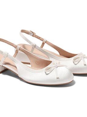 Womens Chunky Low Heels Slingback Ballet Bow Pumps Closed Toe Wedding Dress Shoe